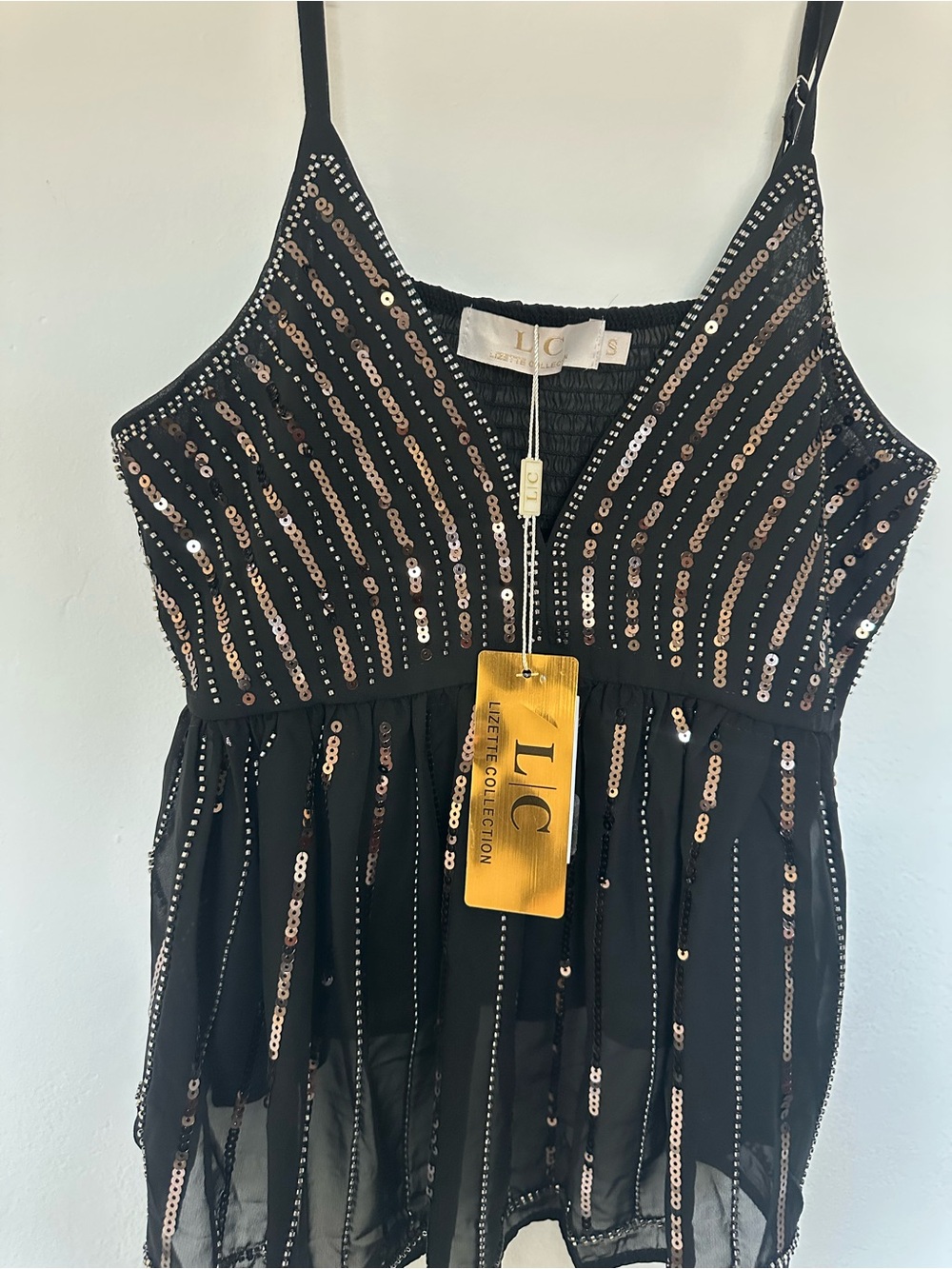 Lizette collection Black Sequin Spaghetti-Strap top SZ S